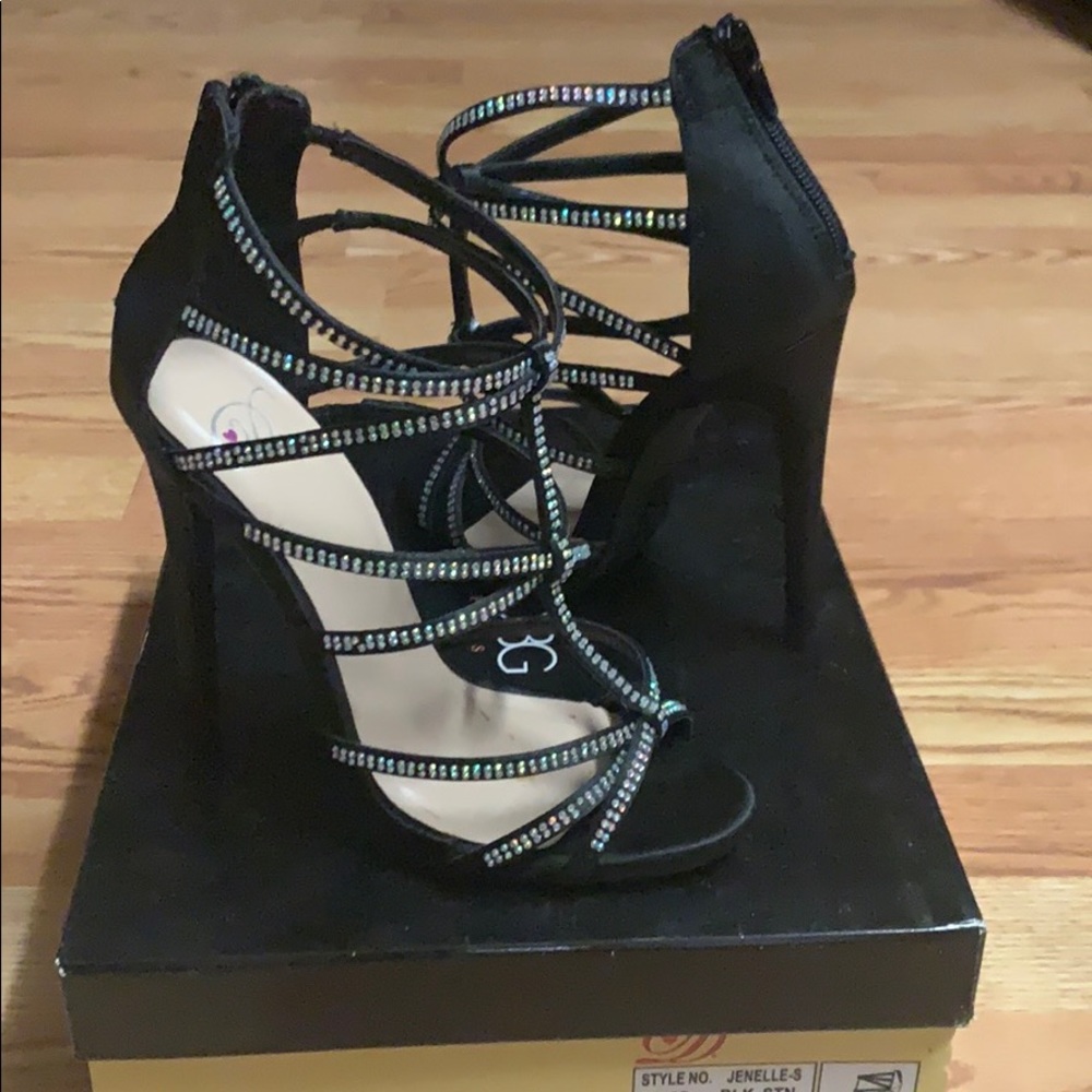 Black high heels with colorful rhinestones